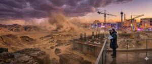 Las Vegas skyline with storm and construction site, representing real estate investment opportunities during market turbulence