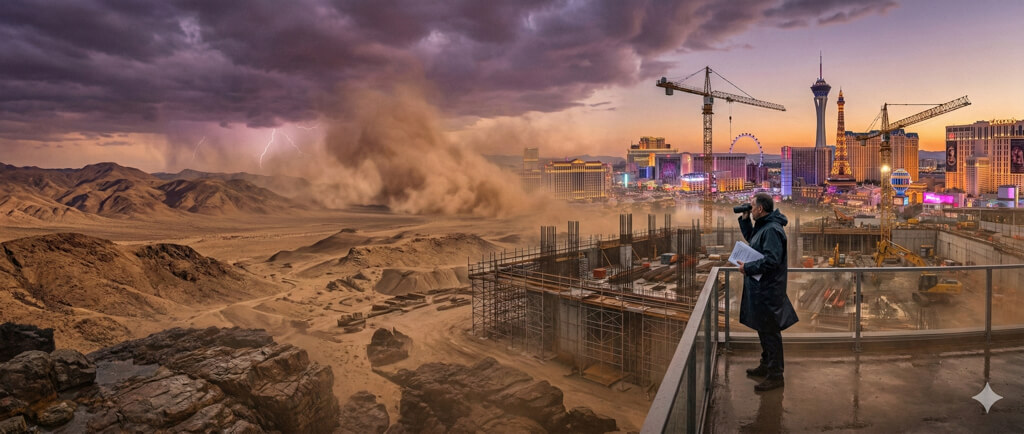 Las Vegas skyline with storm and construction site, representing real estate investment opportunities during market turbulence