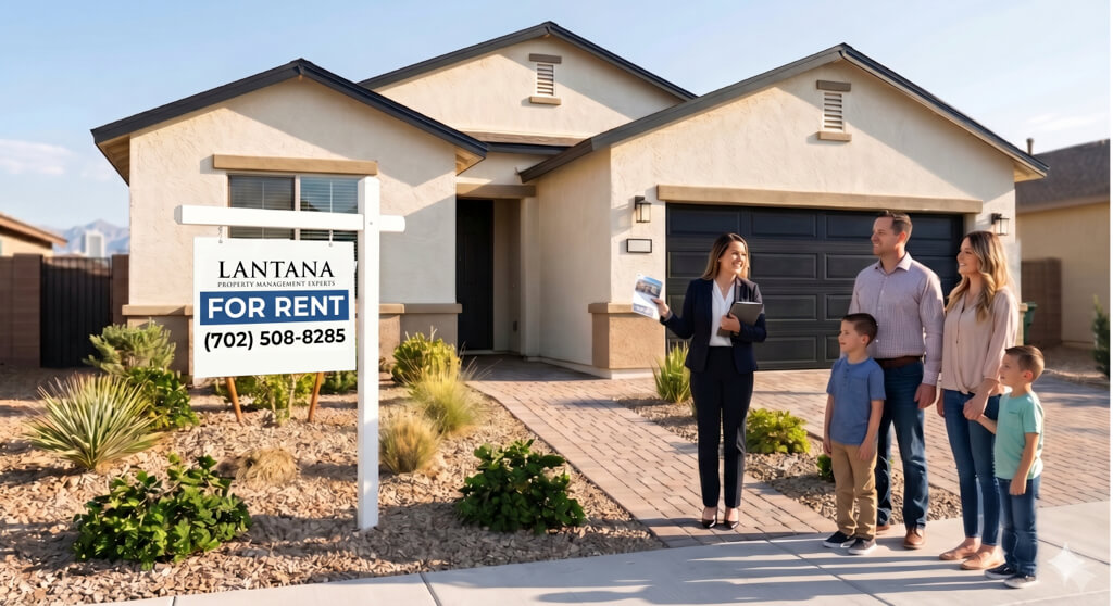 Property manager showing a clean single-family rental home to prospective tenants in a Las Vegas neighborhood