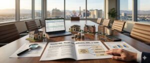 Real estate investment decision table showing rental property models, financial reports, and a decision tree for whether to sell, refinance, complete a 1031 exchange, or hold.