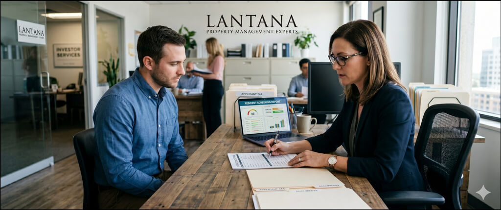 Property manager reviewing tenant applications and screening documents for a Las Vegas rental property