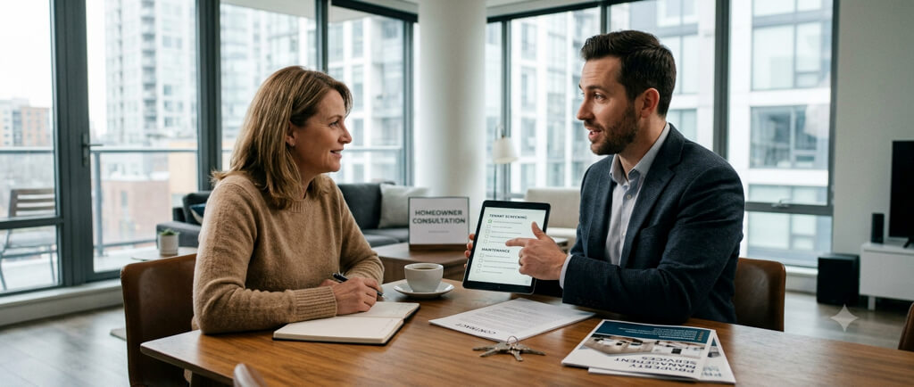 Property manager meeting with a rental property owner to review tenant applications, maintenance reports, and investment performance.