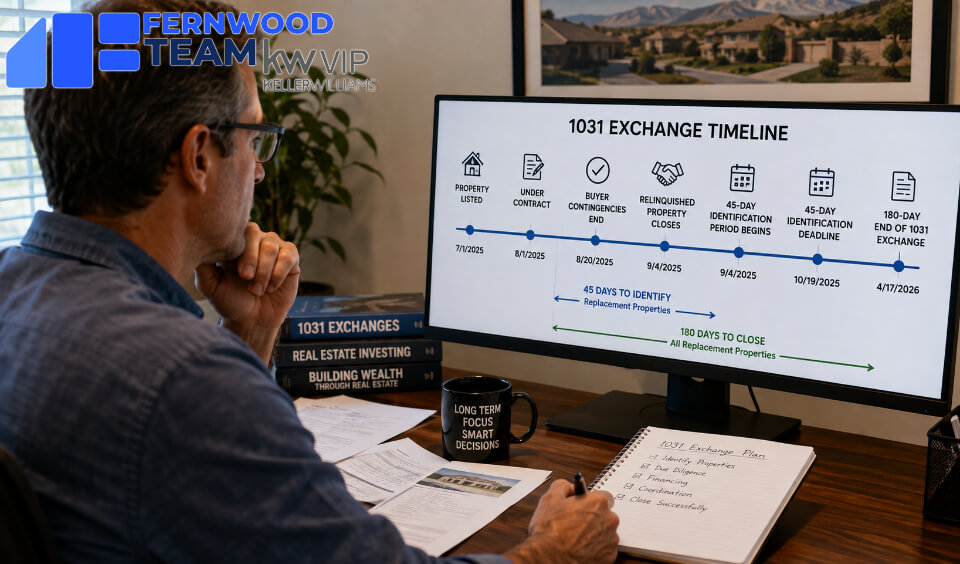Real estate investor reviewing a one-to-many 1031 exchange timeline on a computer screen.
