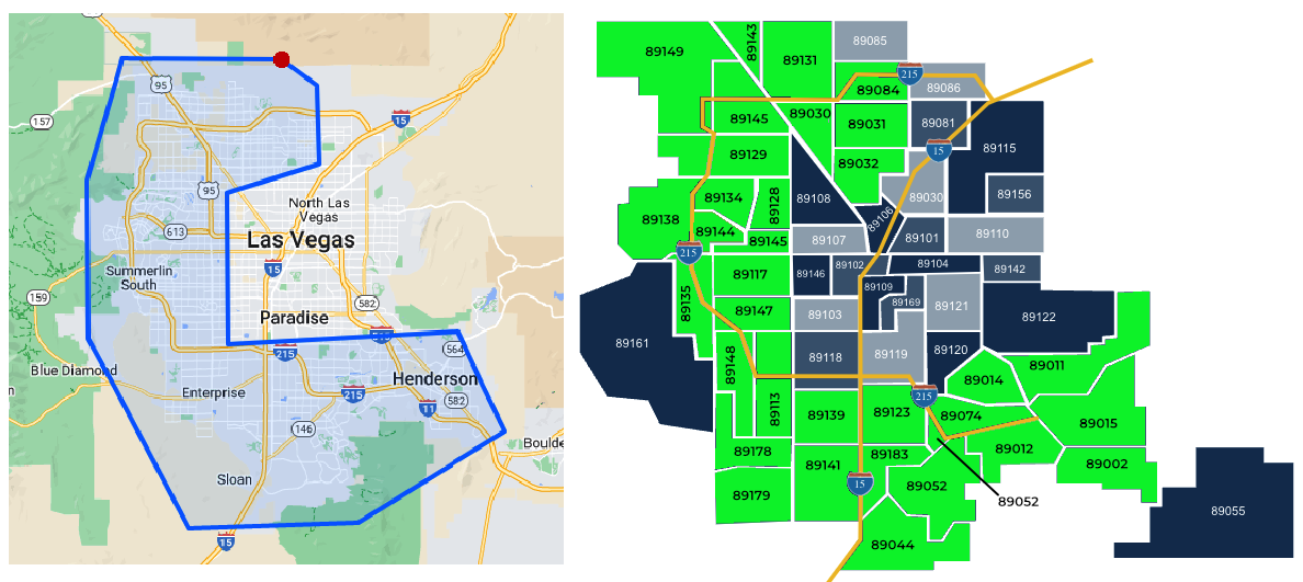 Two side-by-side maps of the Las Vegas valley. The left map outlines the target investment area in blue, covering Las Vegas, North Las Vegas, Summerlin South, Paradise, Enterprise and Henderson. The right map is a zip code grid with the target zip codes shaded green, including 89149, 89131, 89145, 89129, 89134, 89138, 89117, 89147, 89148, 89113, 89139, 89123, 89178, 89141, 89183, 89179, 89044, 89052, 89012, 89014, 89011, 89015 and 89002.