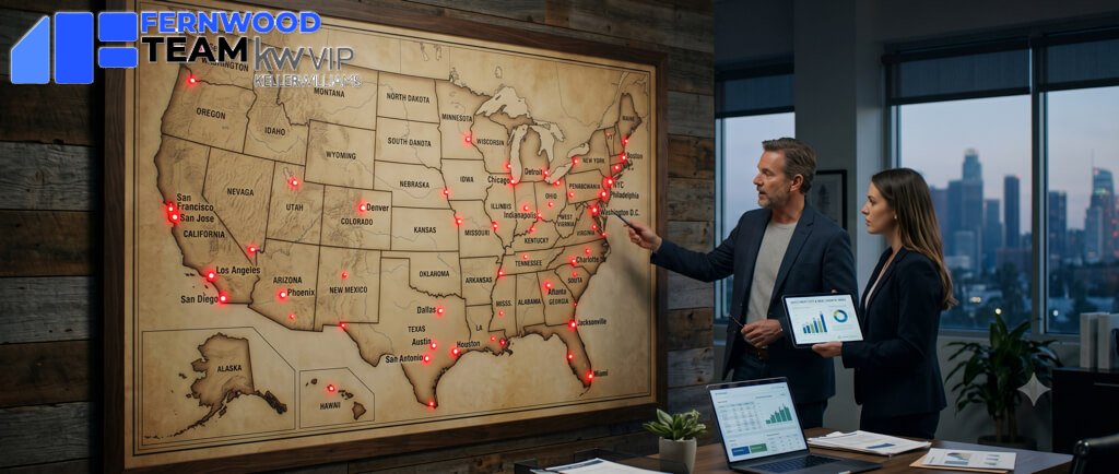 Real estate investment team evaluating U.S. cities on a wall map using employment, population, and housing market data.