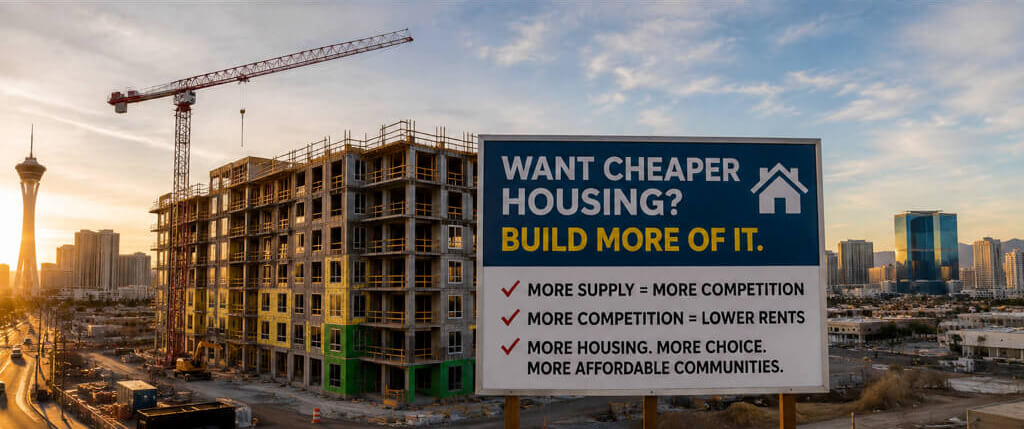 Apartment block under construction near the Las Vegas Strip with a billboard stating "Want cheaper housing? Build more of it."