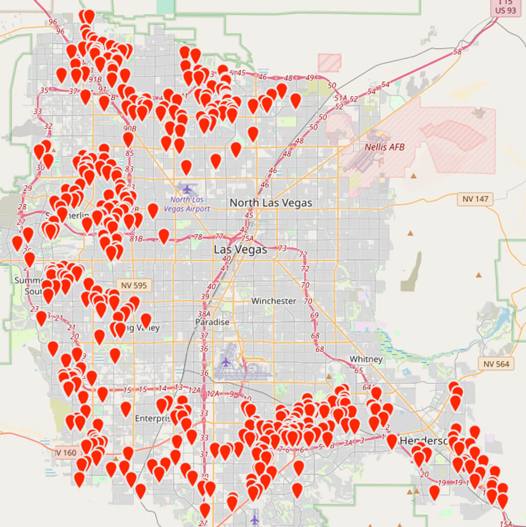 Map showing where Fernwood Team clients' rental properties are located in Las Vegas